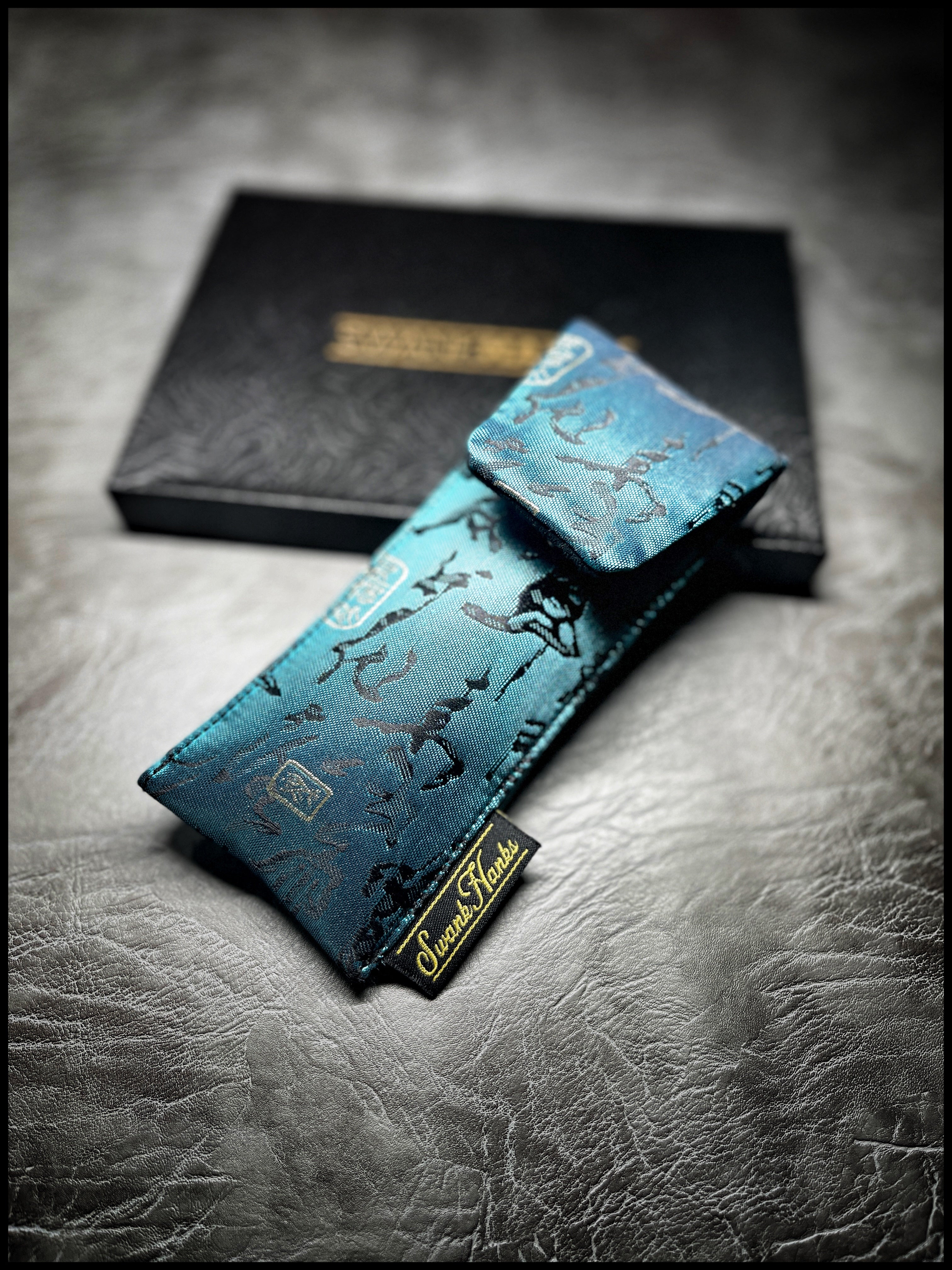 Teal Satin Calligraphy Silk Pouch