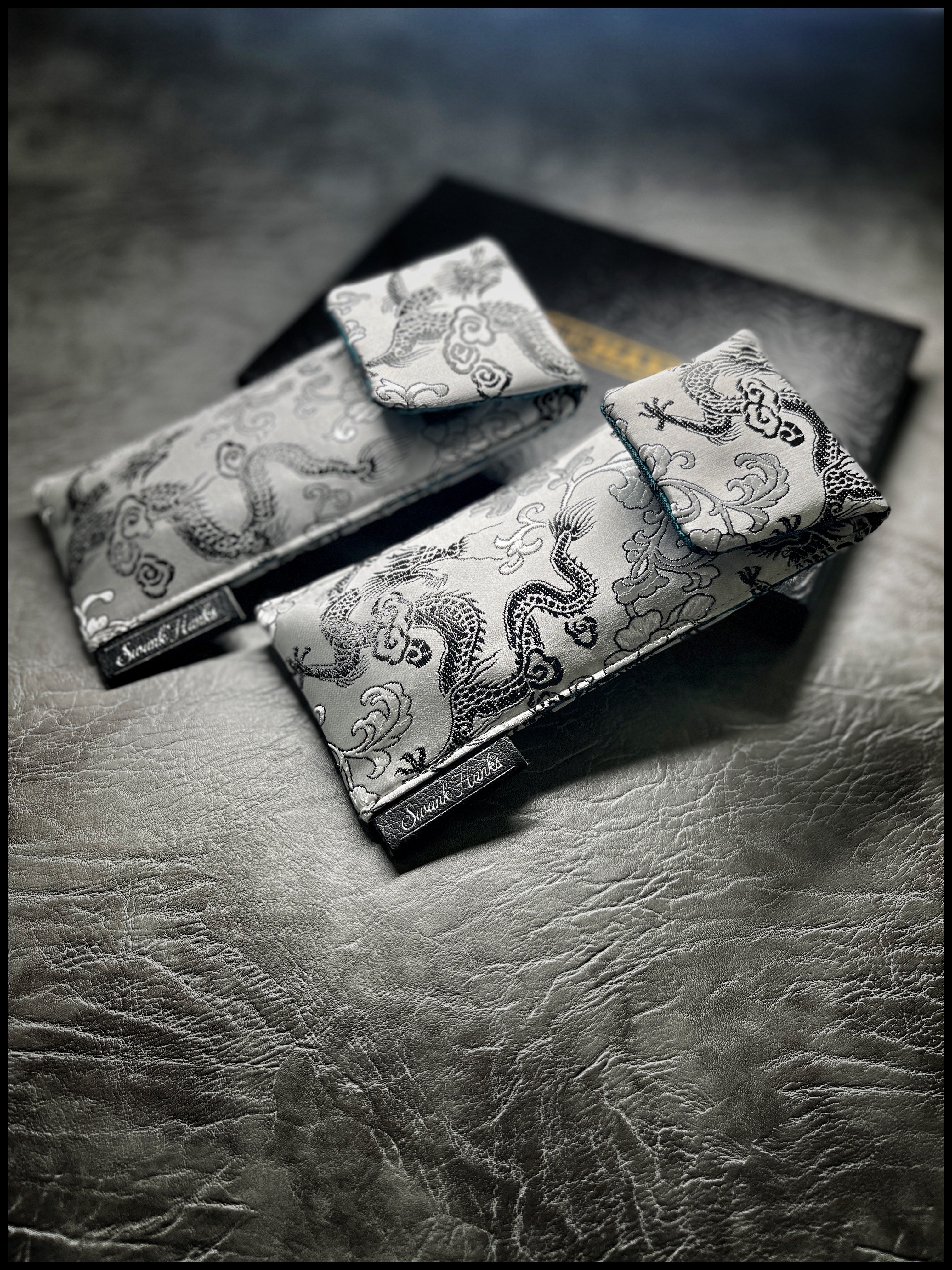 Satin Silver Dragon Silk/ Teal Calligraphy Silk Single Pouch