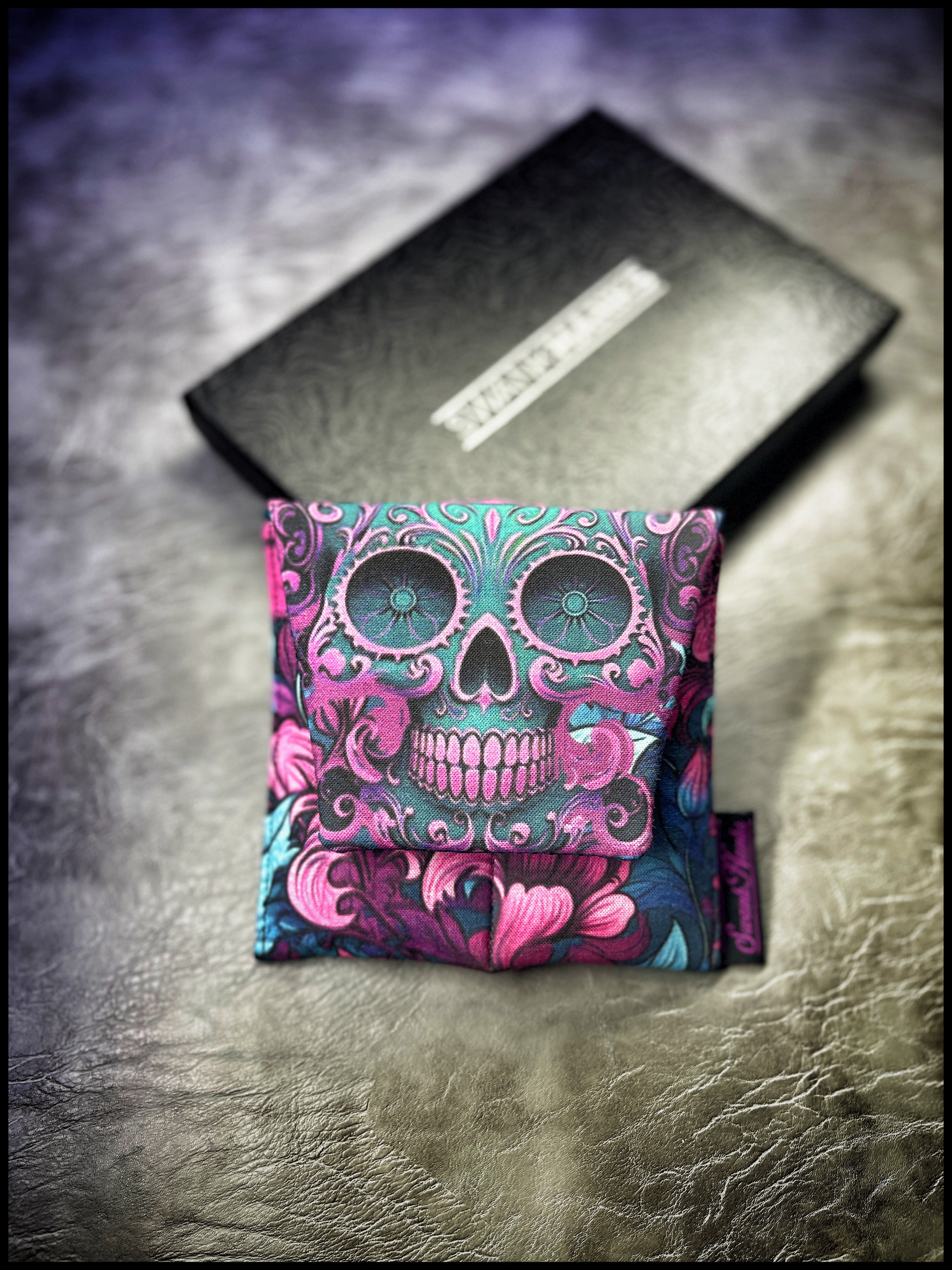 Blurple Floral Skulls V2 / Teal Crosshatch Silk Mini Double-Slot Pouch
