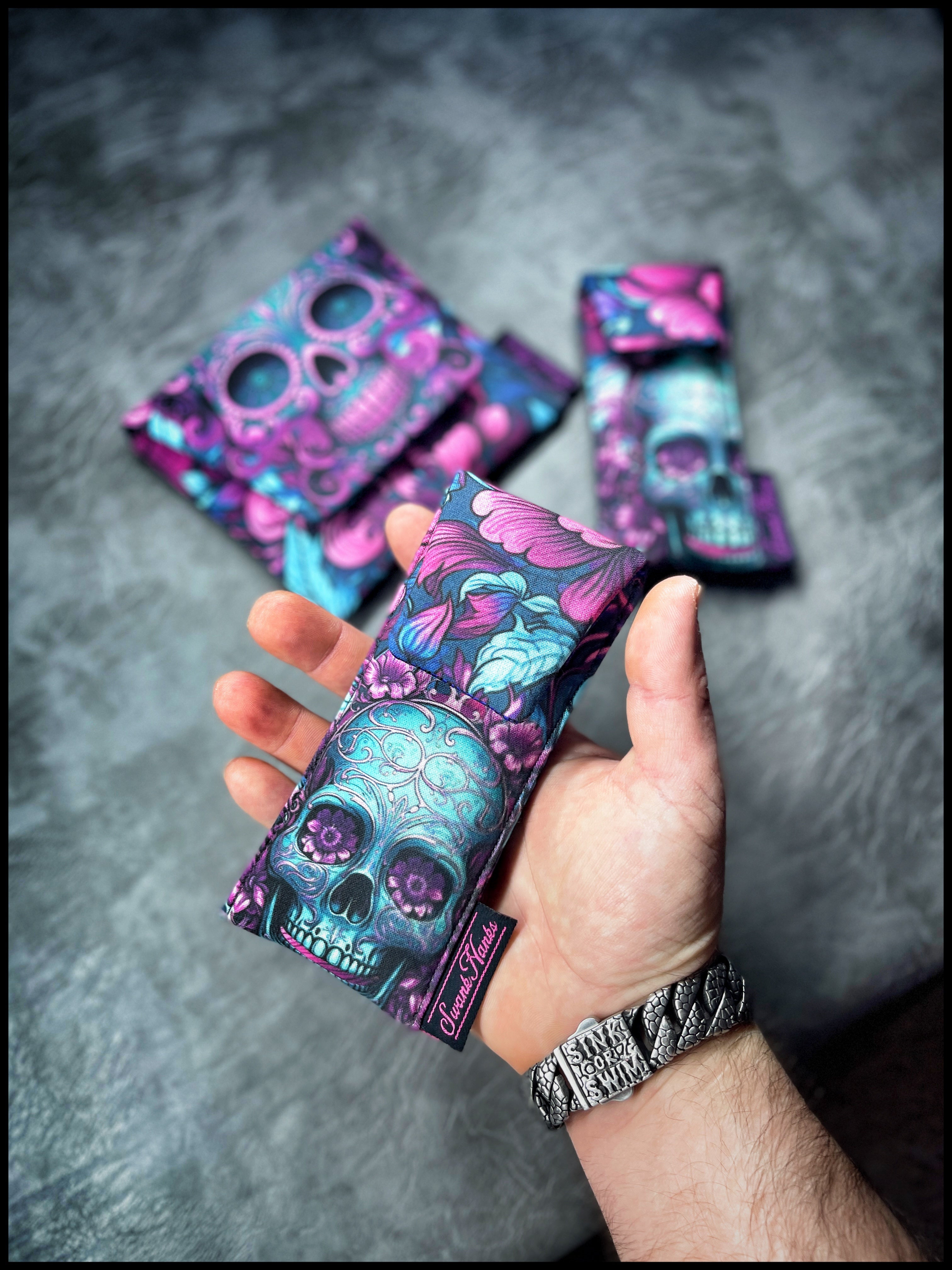 Blurple Floral Skulls V2 / Teal Crosshatch Silk Mini Single Pouch