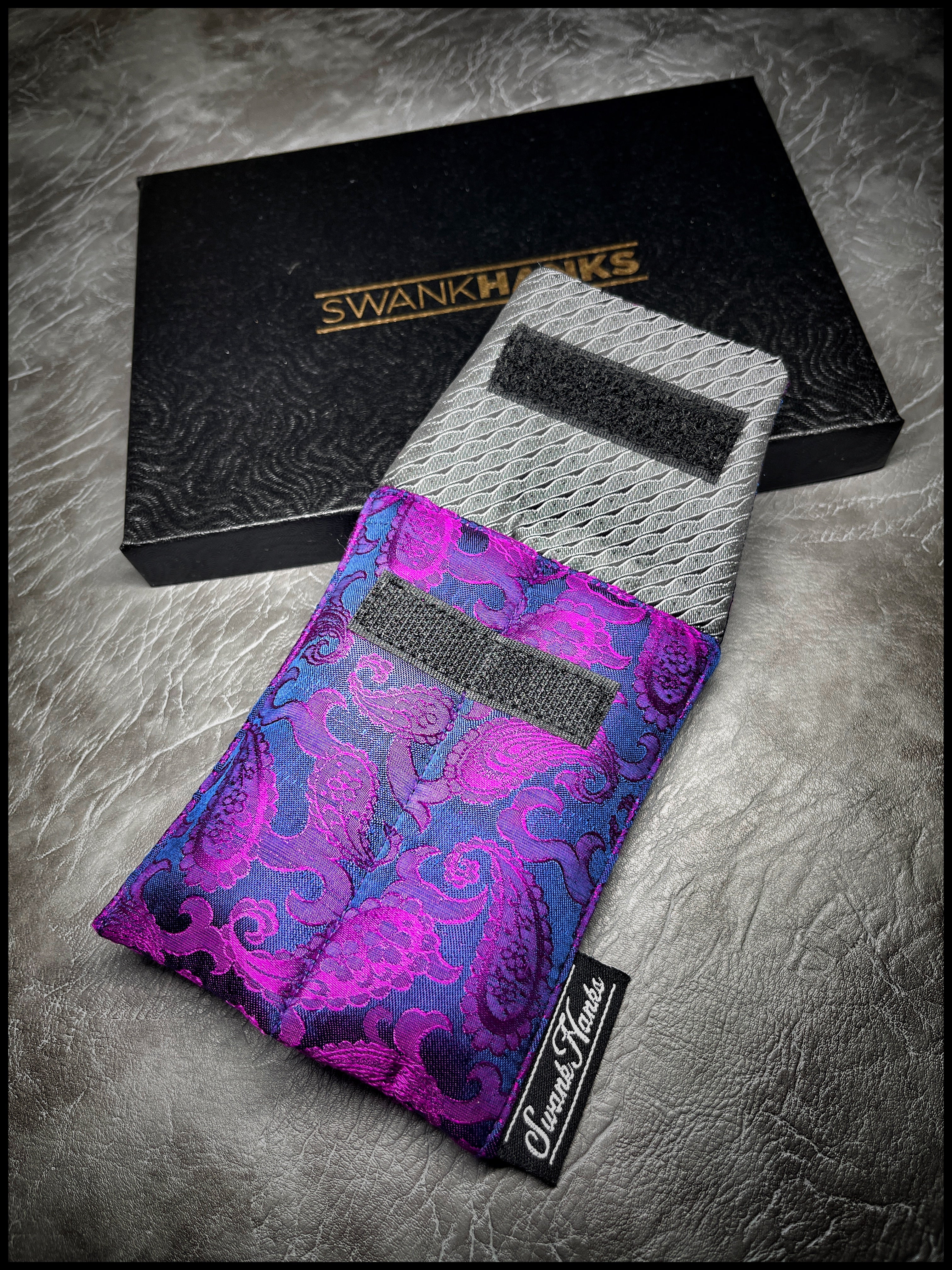 Blurple Paisley Silk/ Gunmetal Satin Silk Mini Double-Slot Pouch