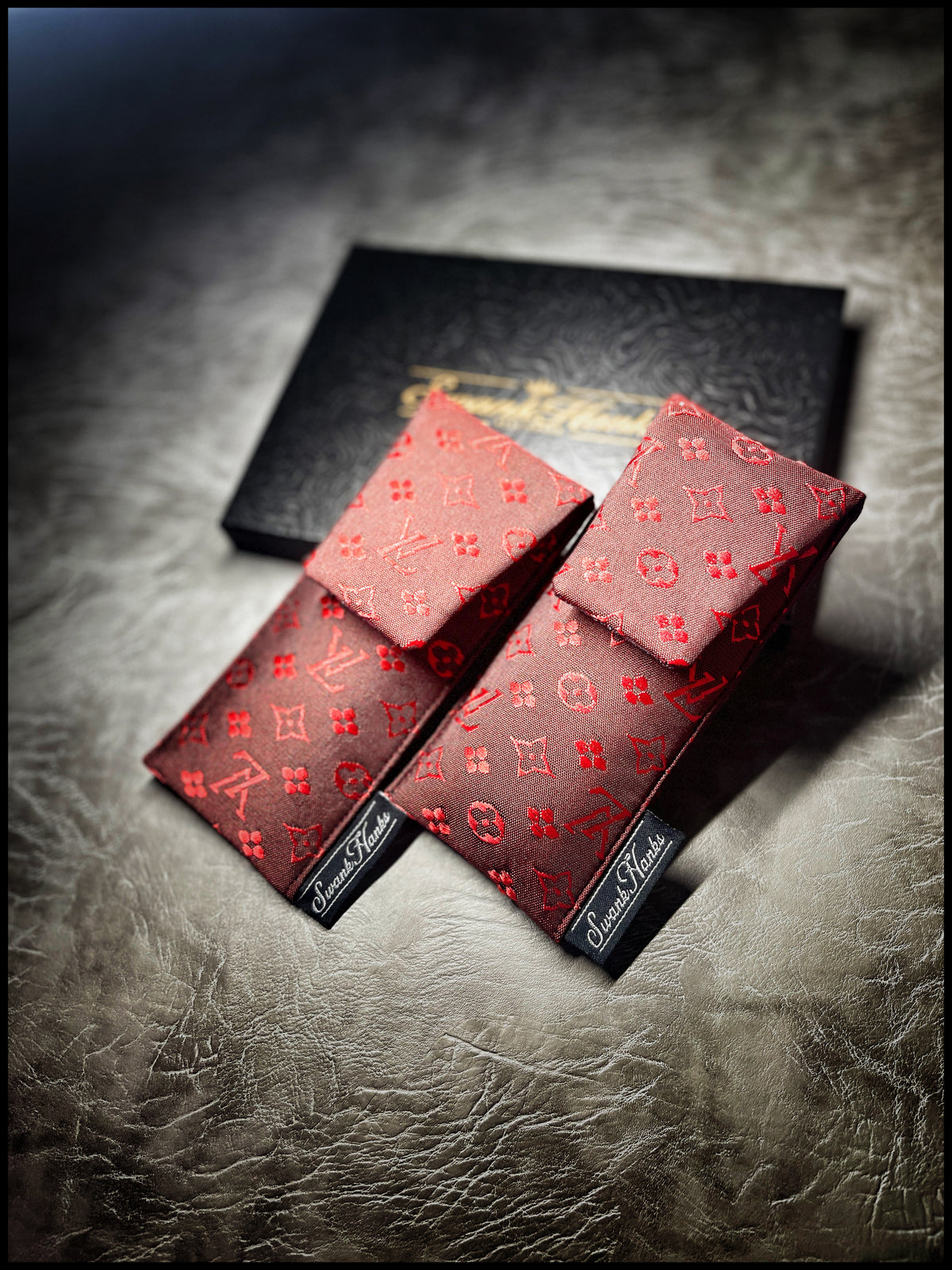 LV Satin Red Silk Jacquard Full Size Single Slot Pouch