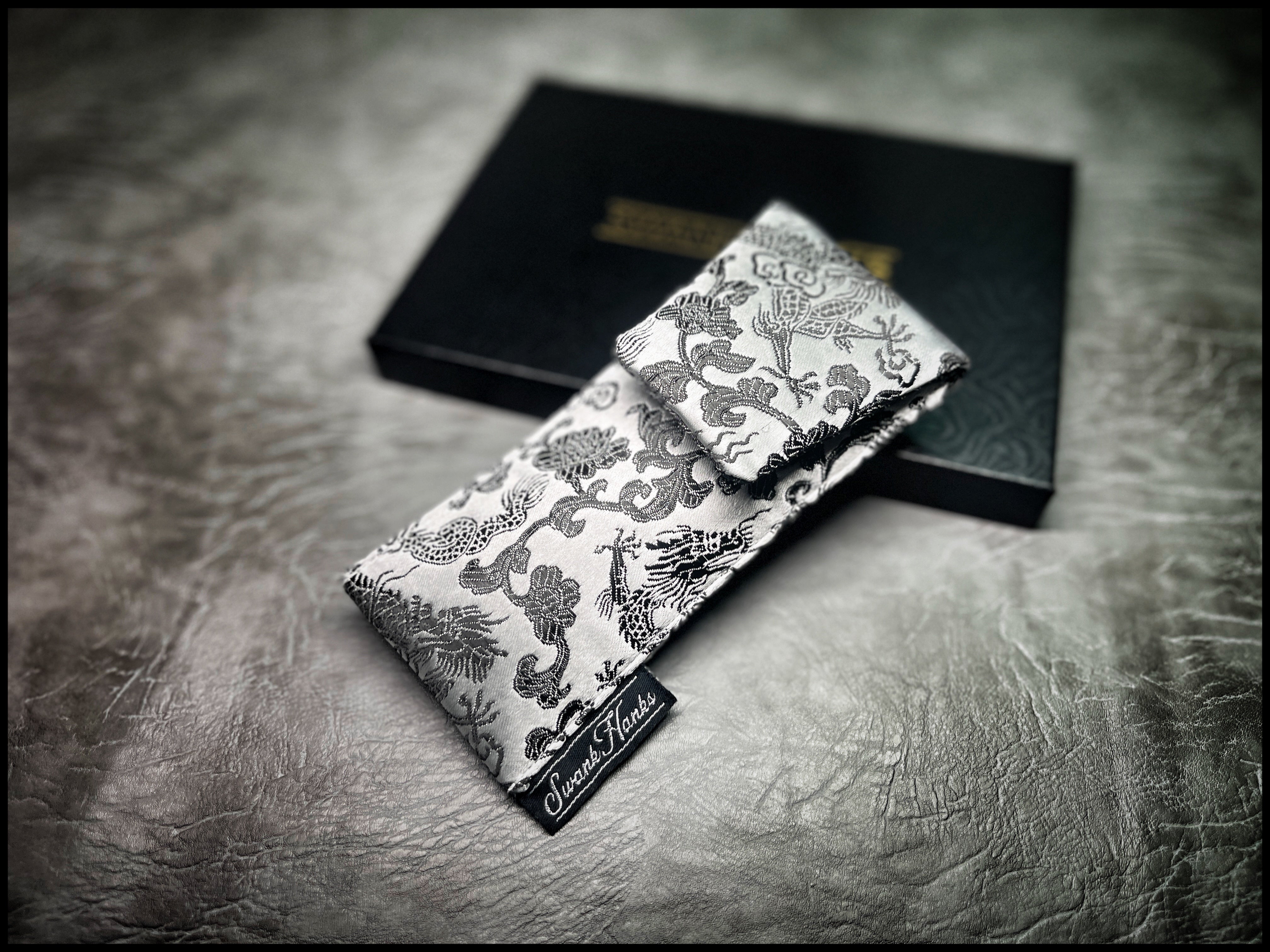 Satin Silver Japanese Dragon Silk Mini Single Slot Pouch