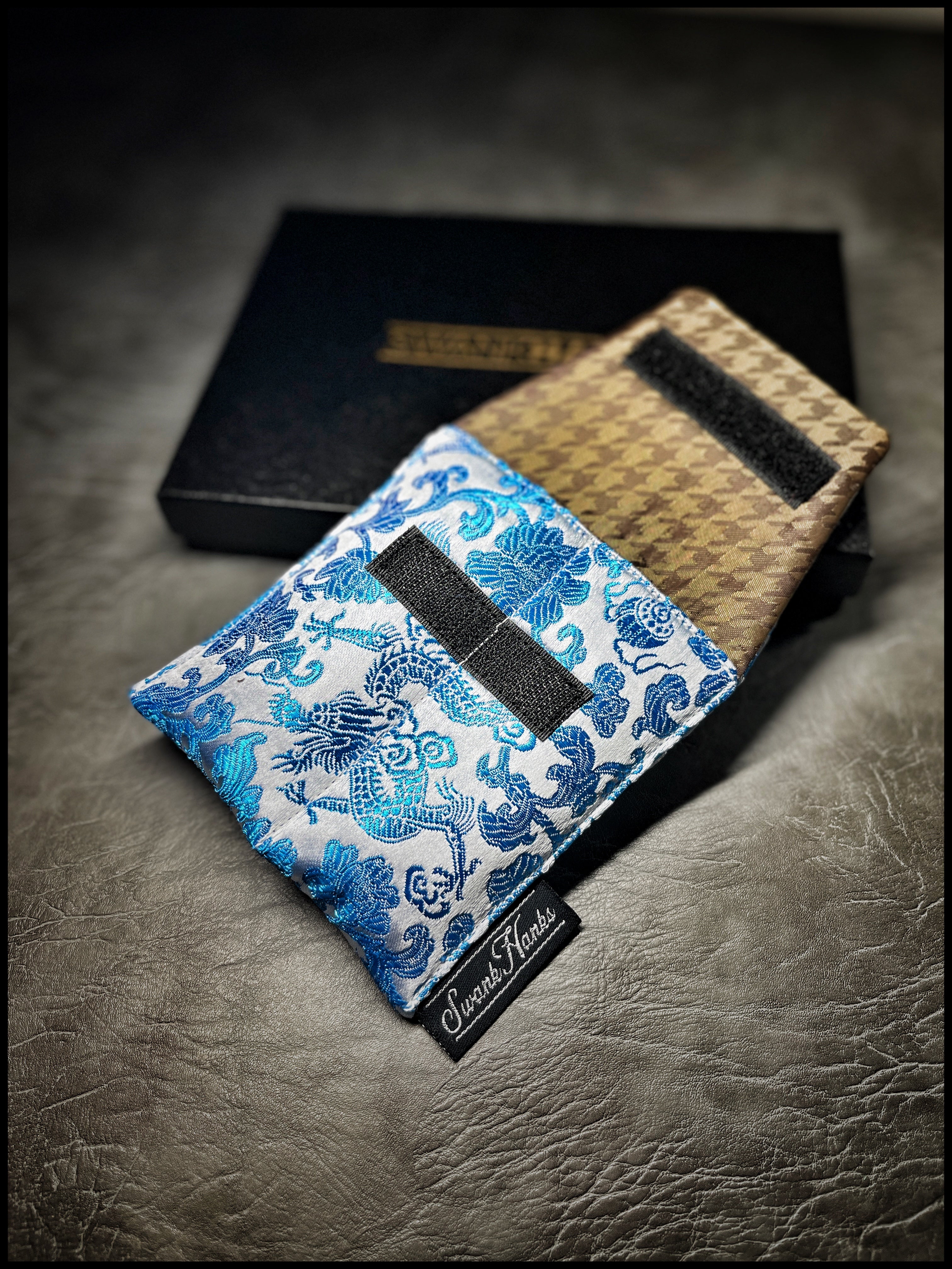 Satin Silver Japanese Dragon Silk/ Gold Houndstooth Mini Double-Slot Pouch