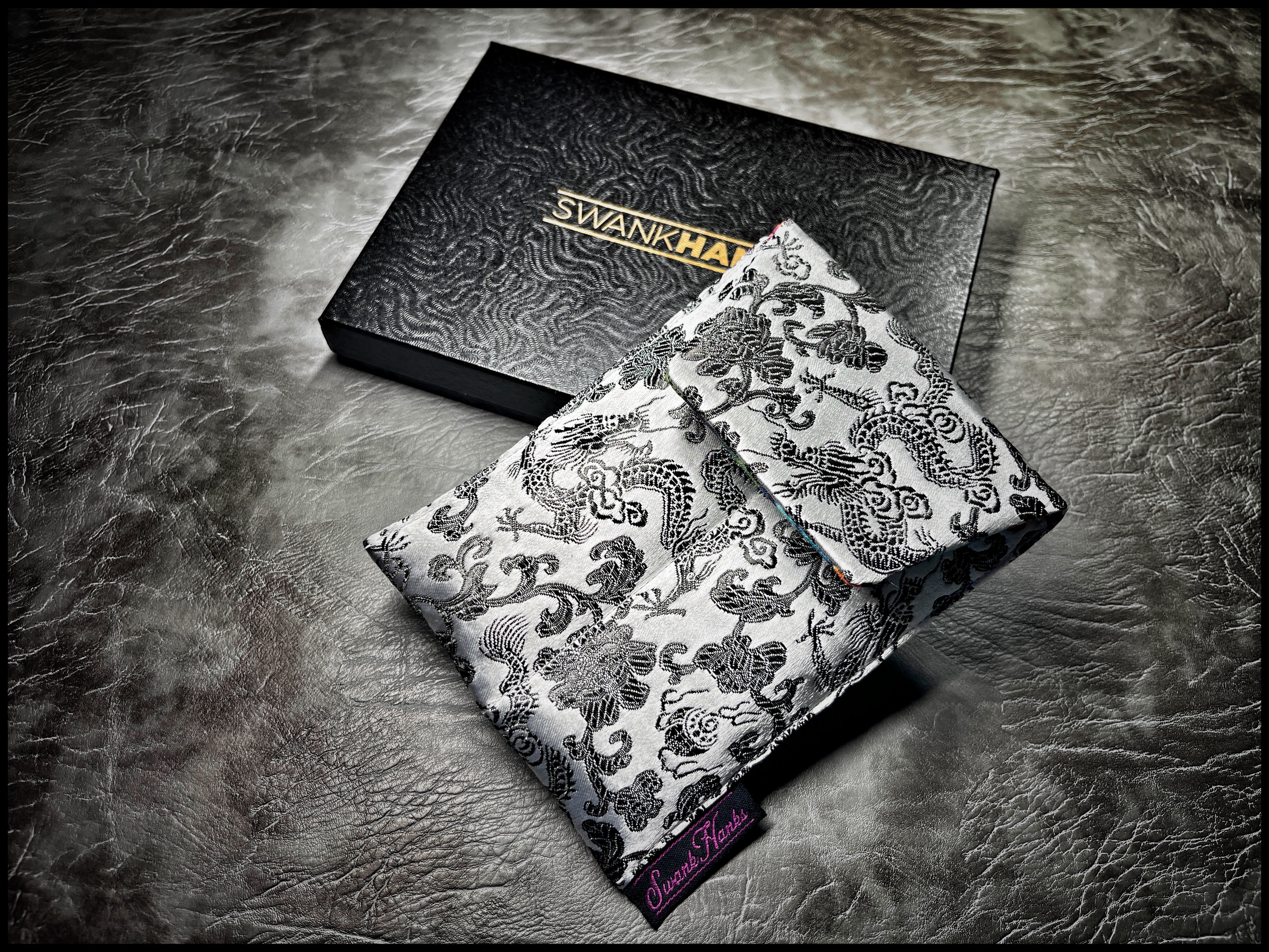 1-OFF Satin Silver Japanese Dragon Silk / Blurple Skull Interior Double-Slot Pouch