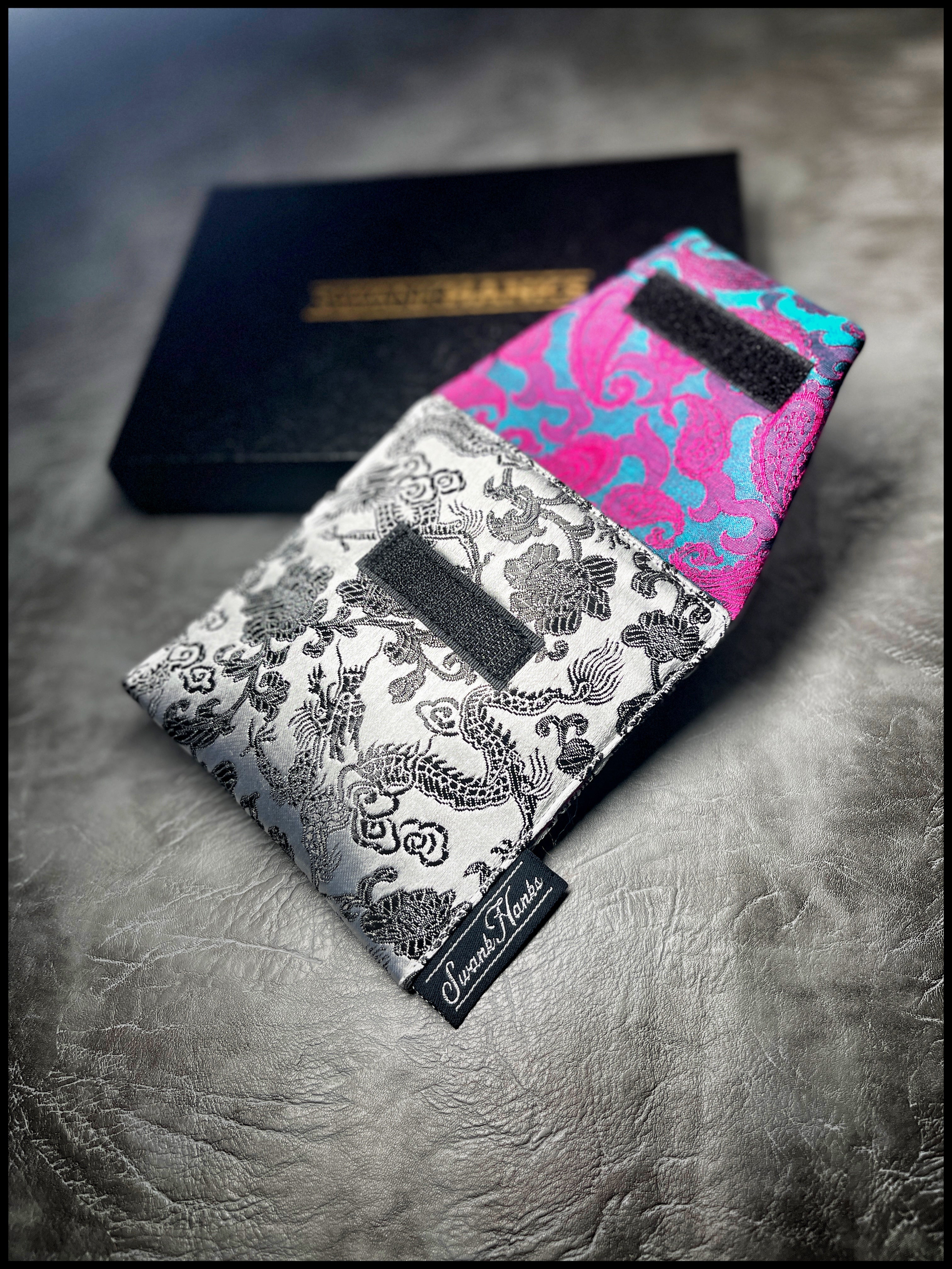 Satin Silver japanese Dragon Silk / Neon Mulberry Silk Paisley Mini Single-Slot (New Spec)