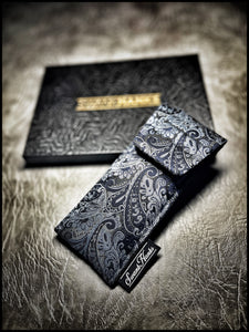 Gunmetal Blue Silk Paisley 1-Off Pouch (black silk lining)