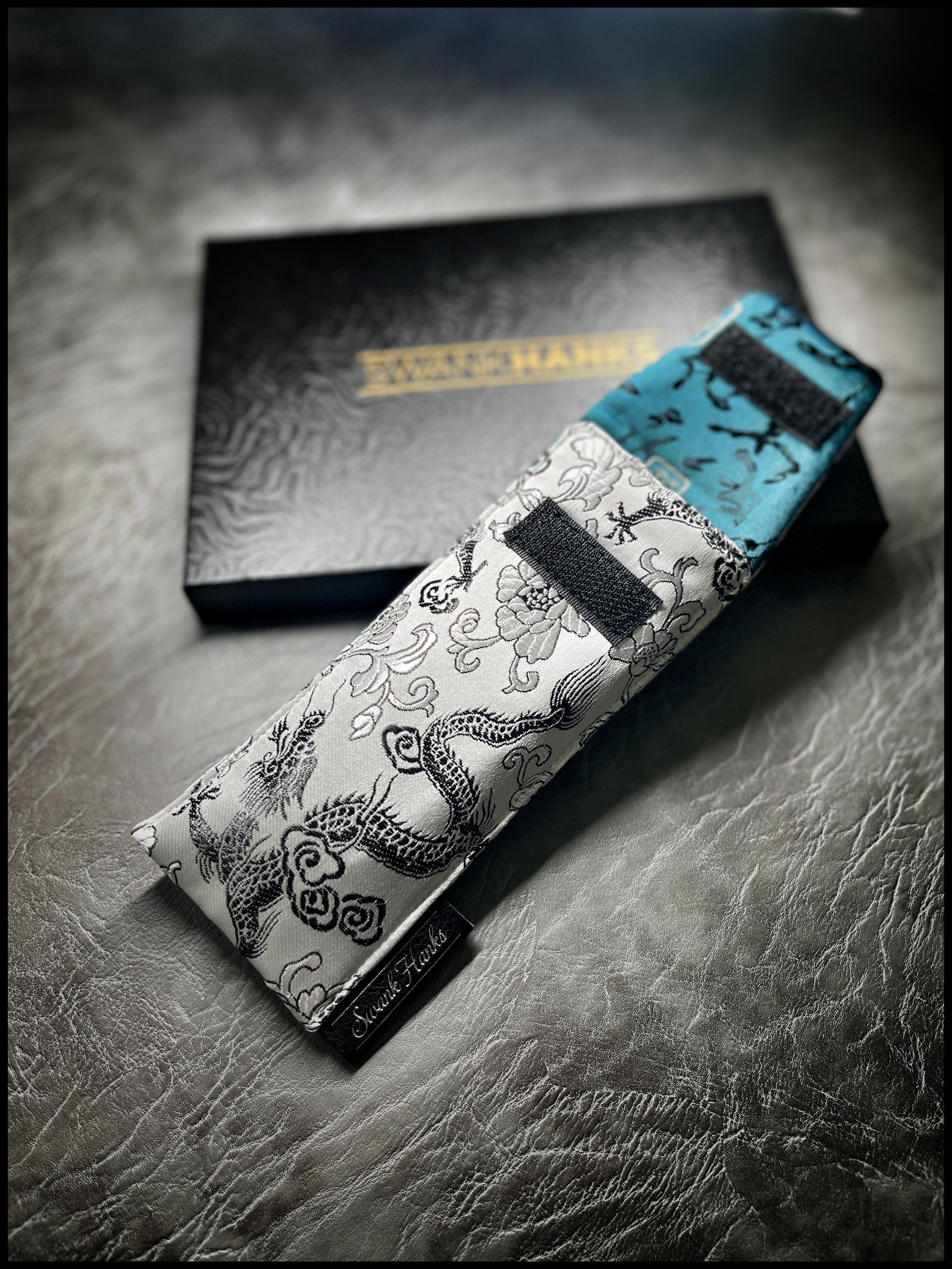 Satin Silver Dragon Silk/ Teal Calligraphy Silk Single Pouch