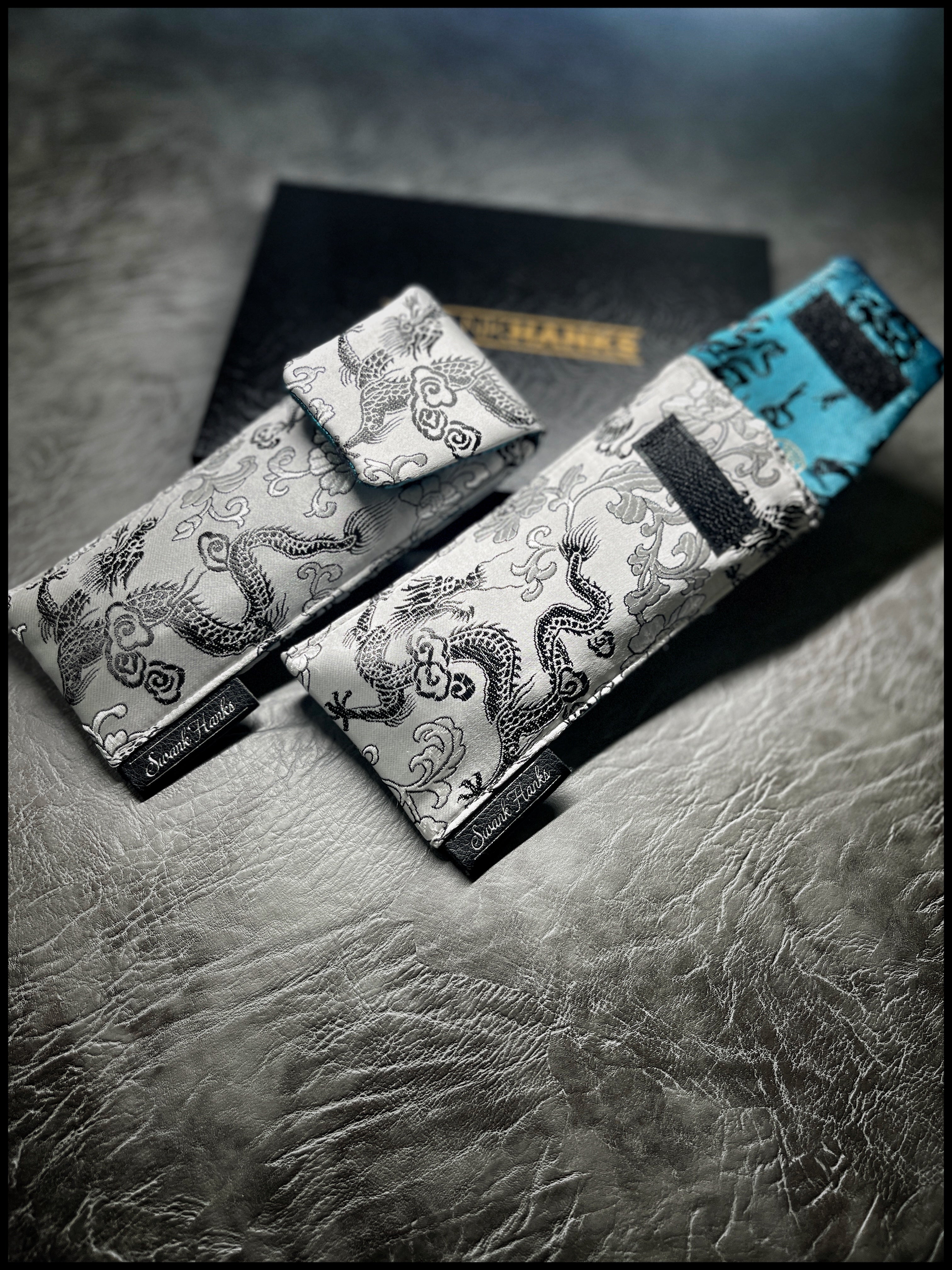 Satin Silver Dragon Silk/ Teal Calligraphy Silk Single Pouch