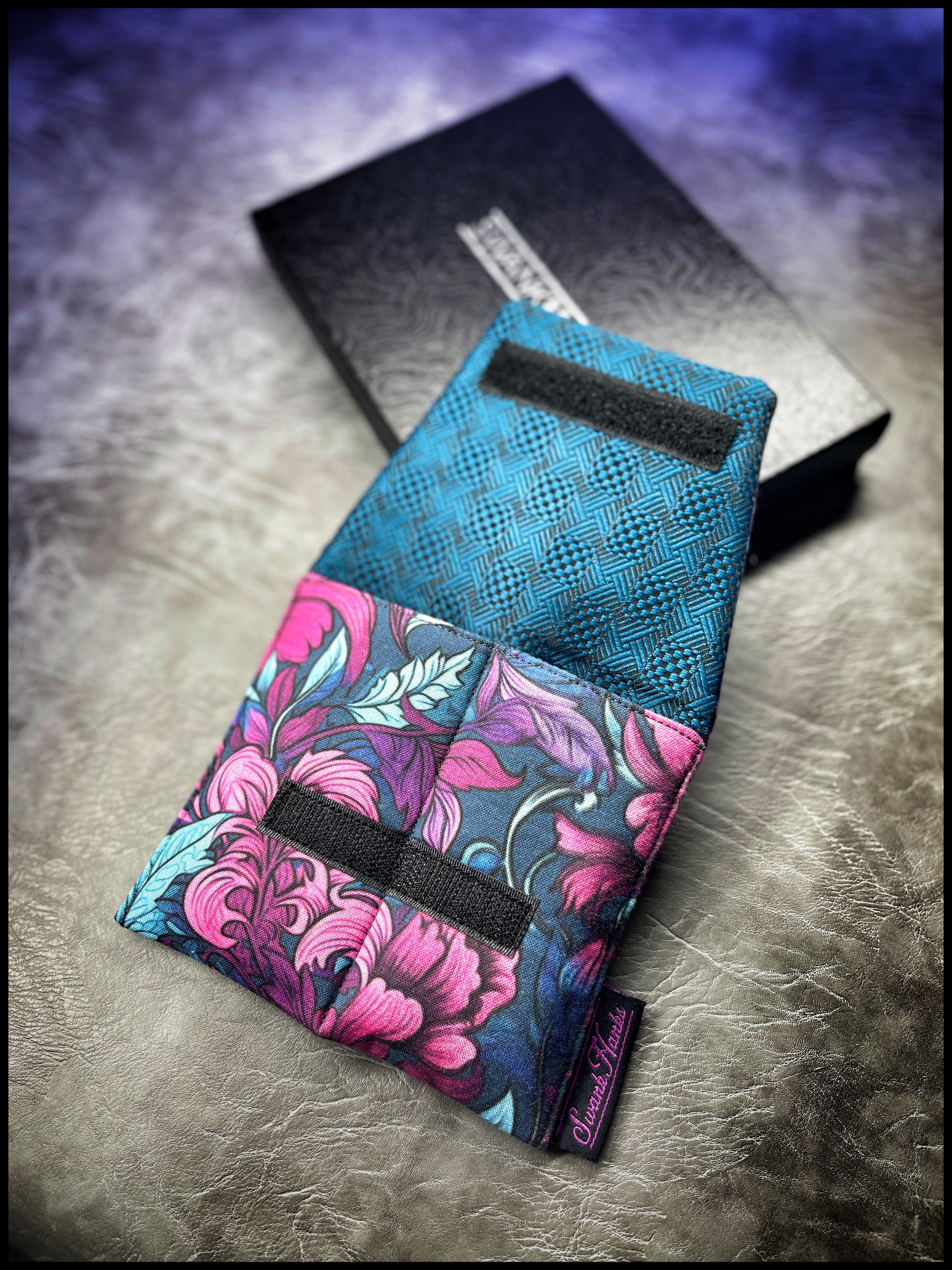 Blurple Floral Skulls V2 / Teal Crosshatch Silk Mini Double-Slot Pouch