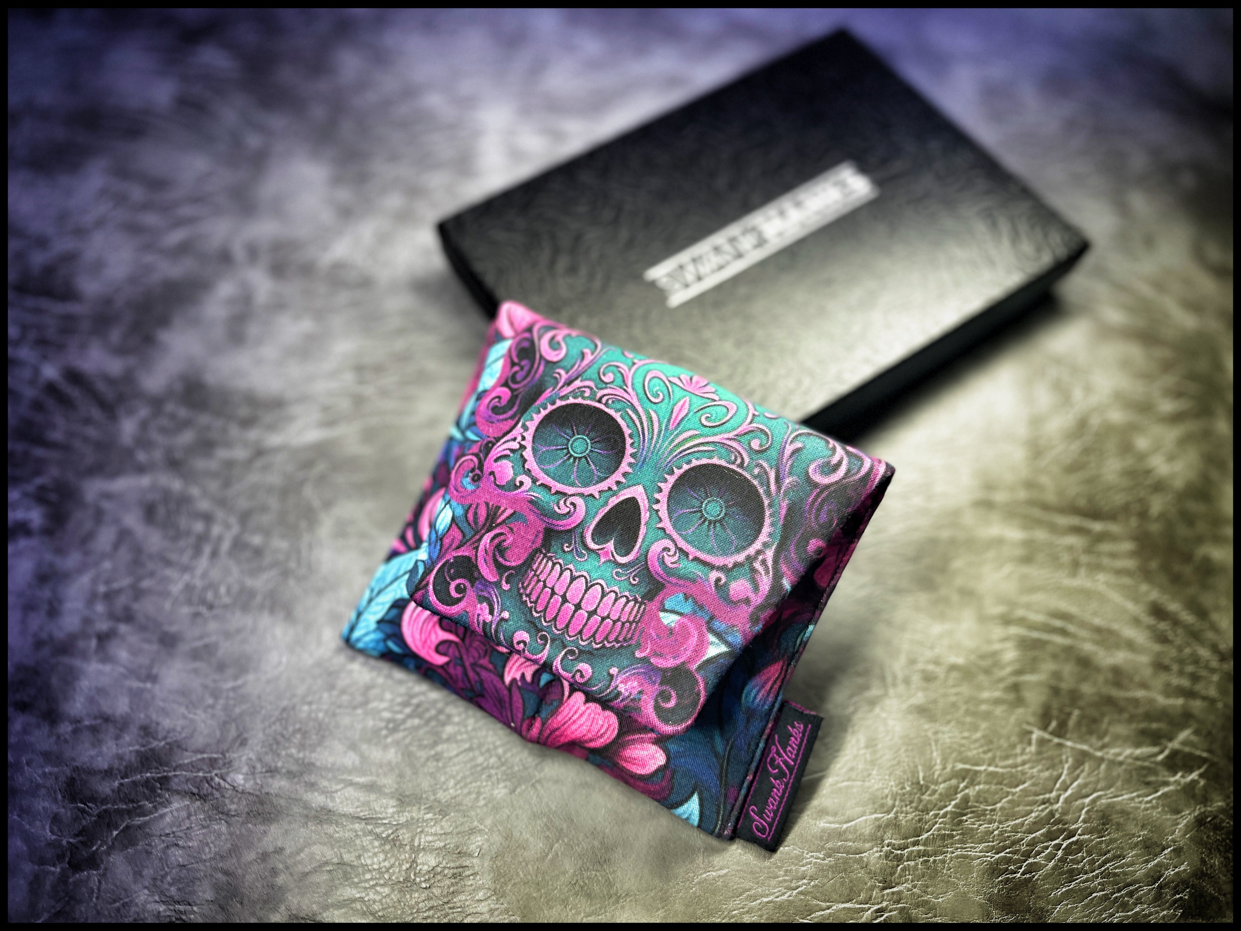 Blurple Floral Skulls V2 / Teal Crosshatch Silk Mini Double-Slot Pouch