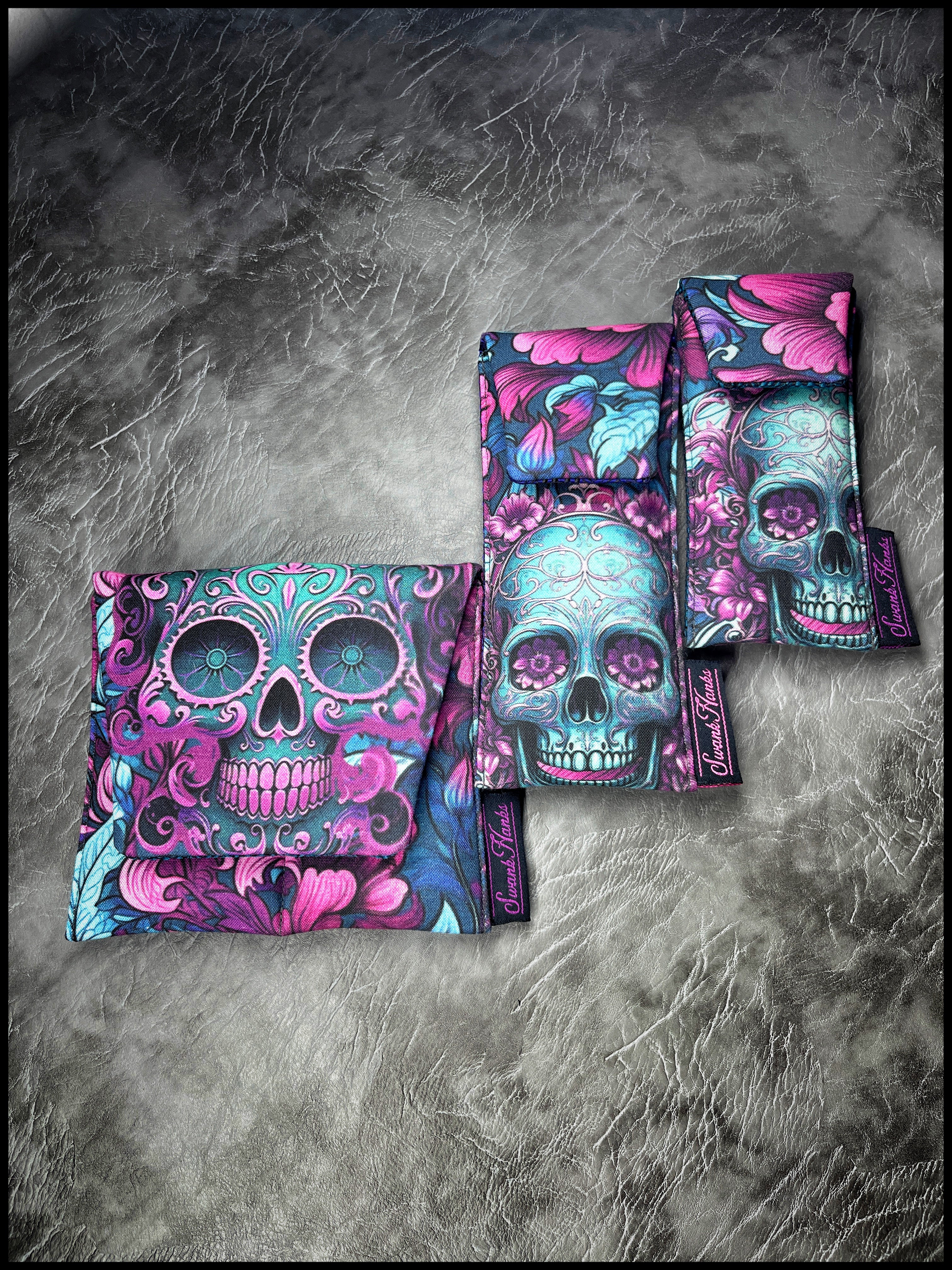Blurple Floral Skulls V2 / Teal Crosshatch Silk Mini Double-Slot Pouch