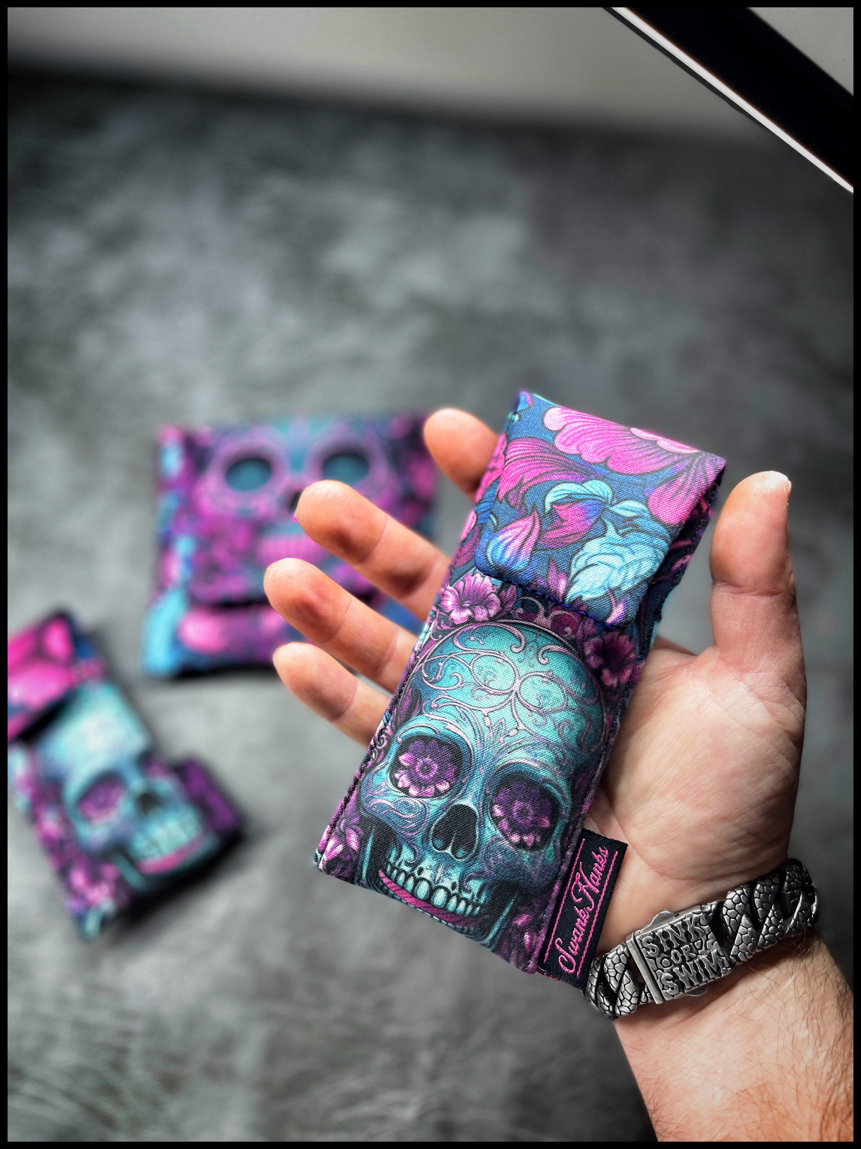 Blurple Floral Skulls V2 / Teal Crosshatch Silk Mini Single Pouch