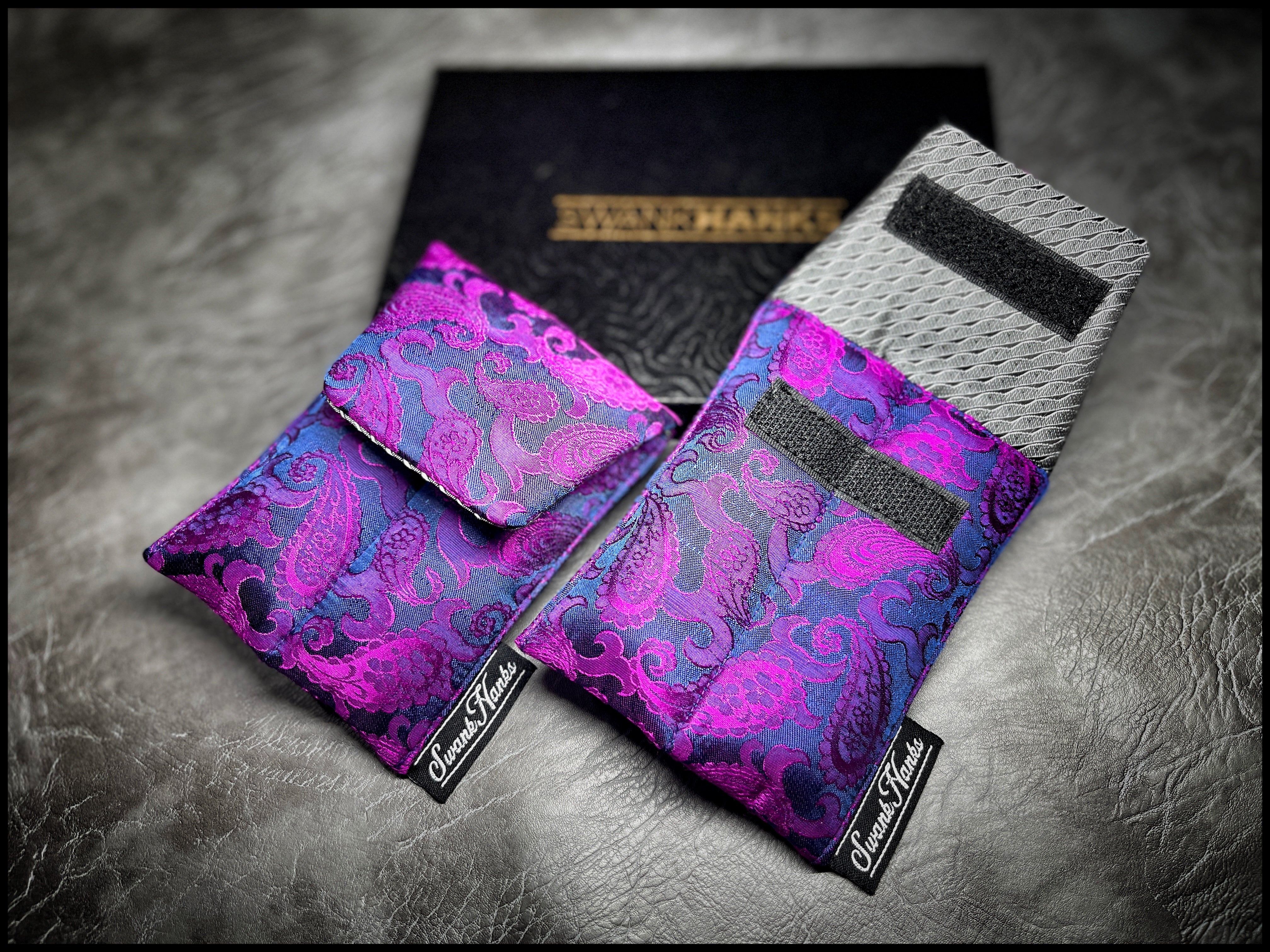 Blurple Paisley Silk/ Gunmetal Satin Silk Mini Double-Slot Pouch
