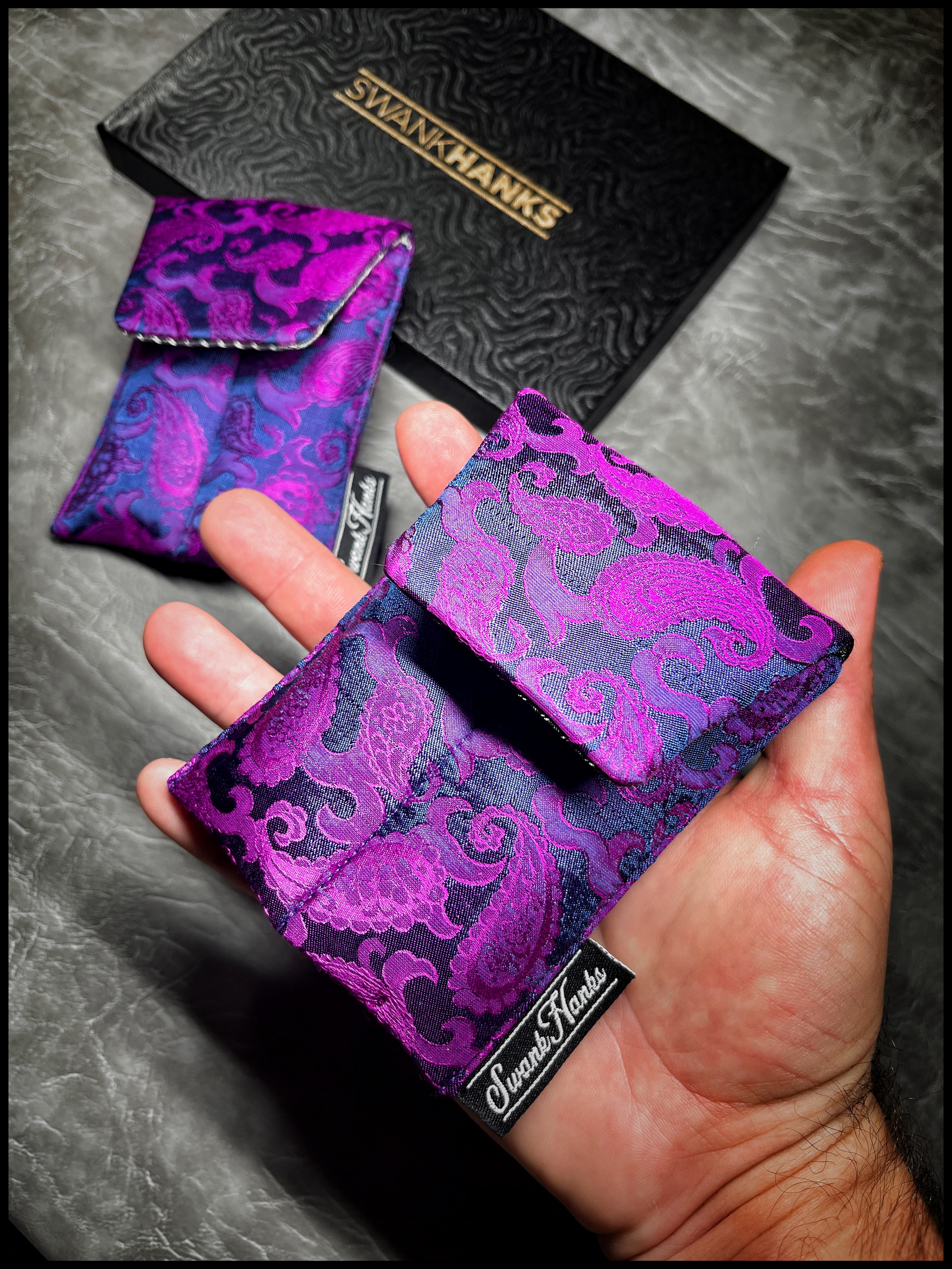 Blurple Paisley Silk/ Gunmetal Satin Silk Mini Double-Slot Pouch