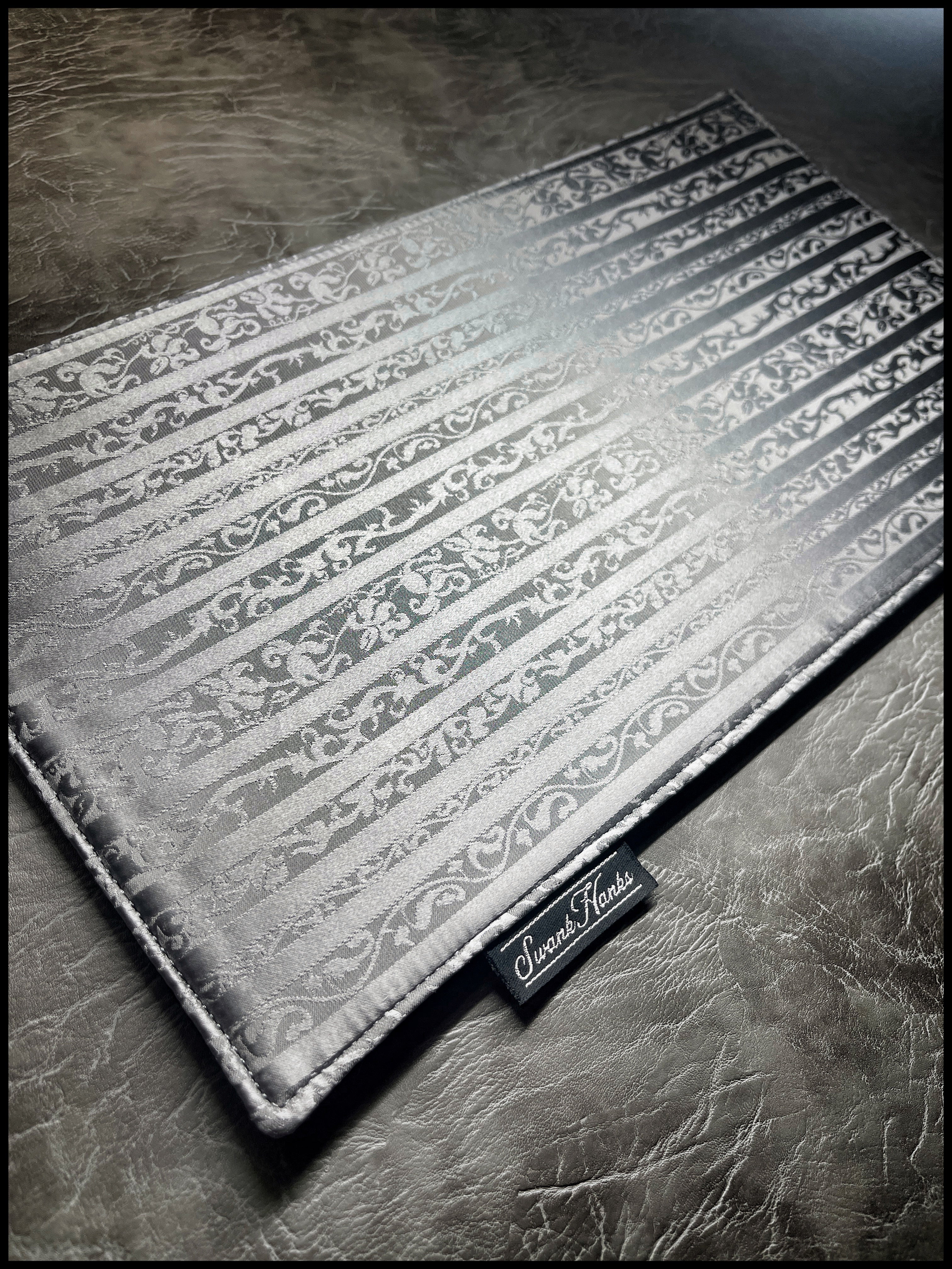 Satin Silver Silk Charmeuse Paisley Pinstripe Display Mat