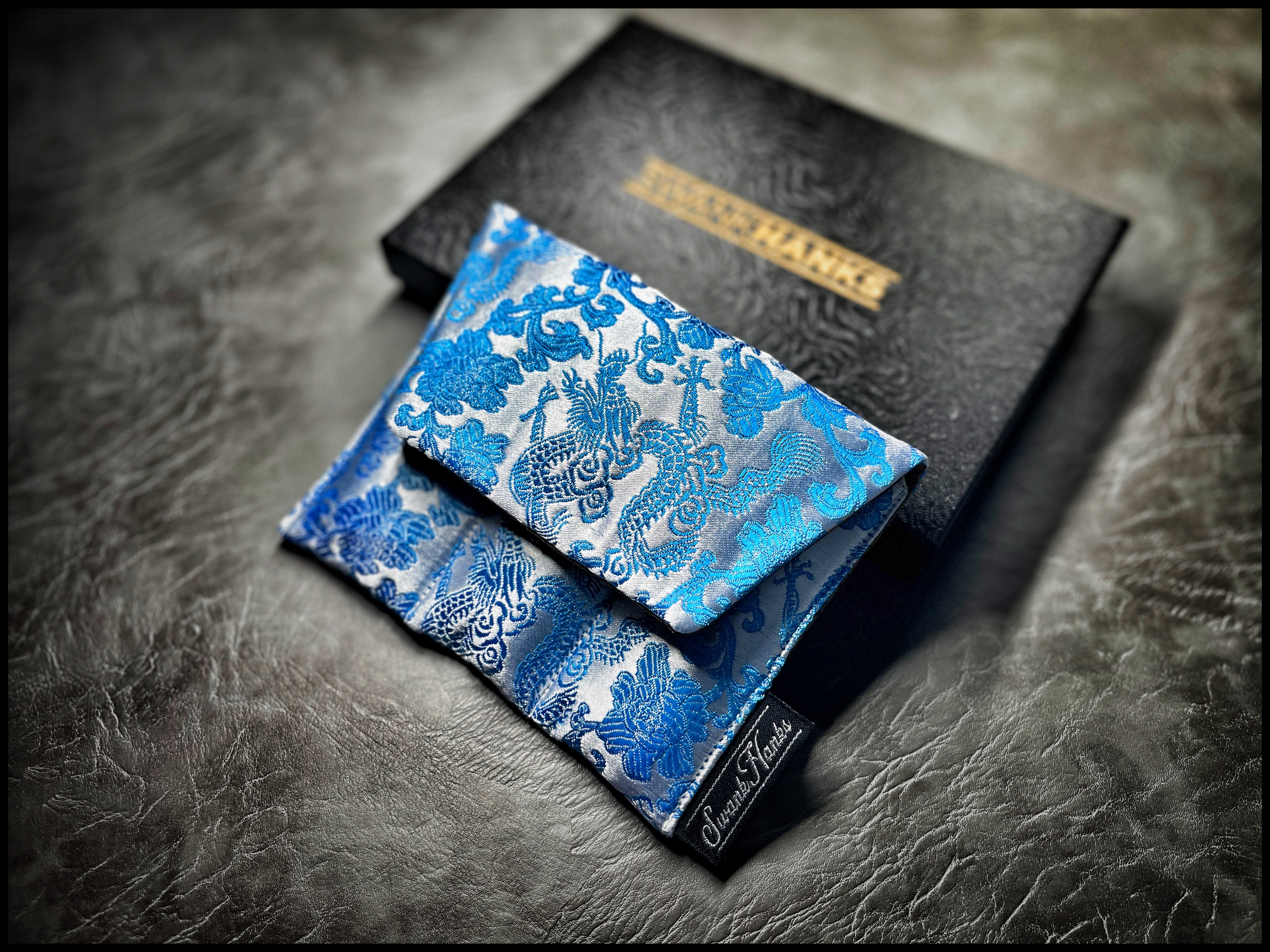 Satin Silver/Blue Japanese Dragon Silk Mini Triple-Slot Pouch