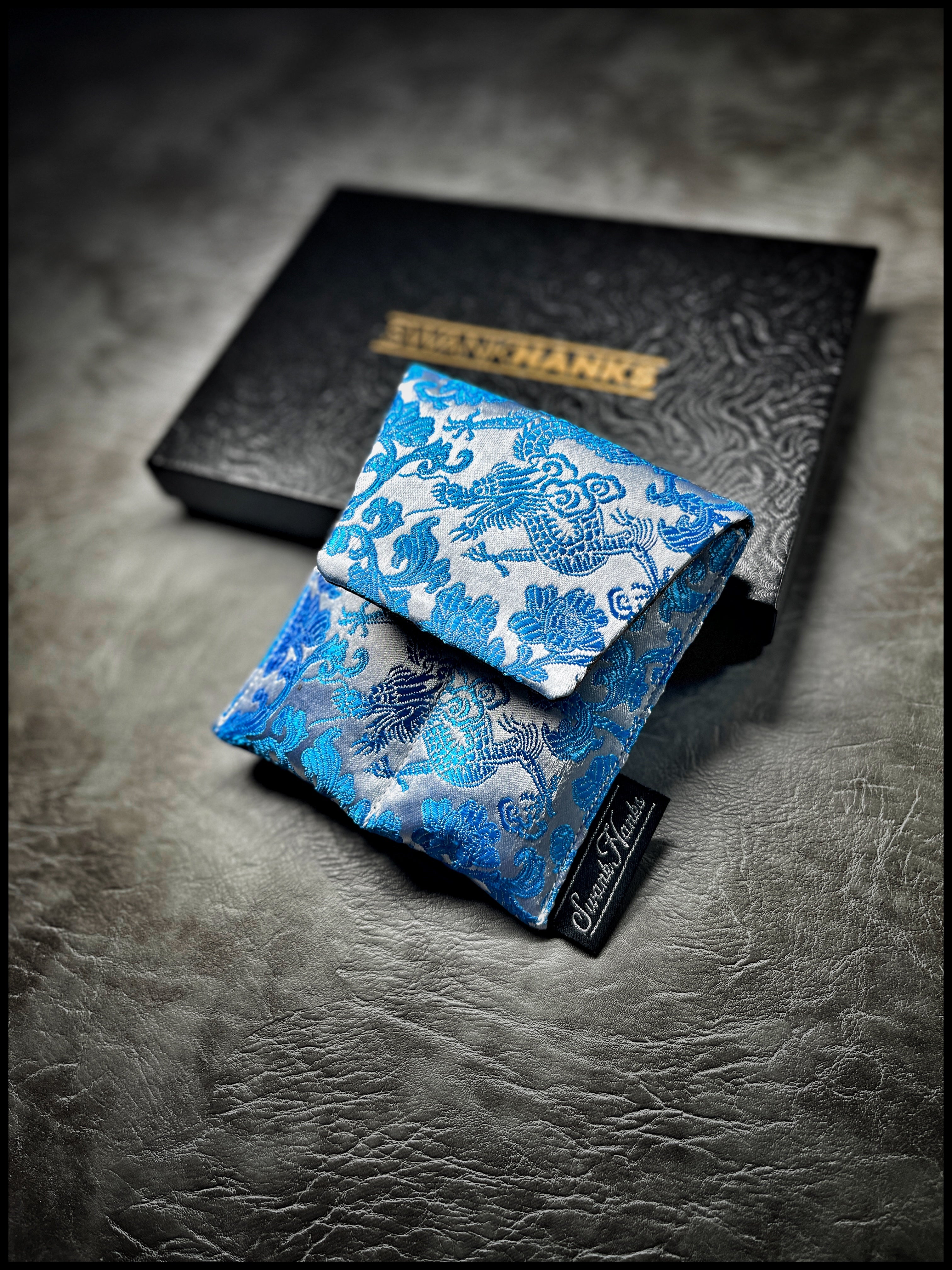 Satin Silver Japanese Dragon Silk/ Gold Houndstooth Mini Double-Slot Pouch