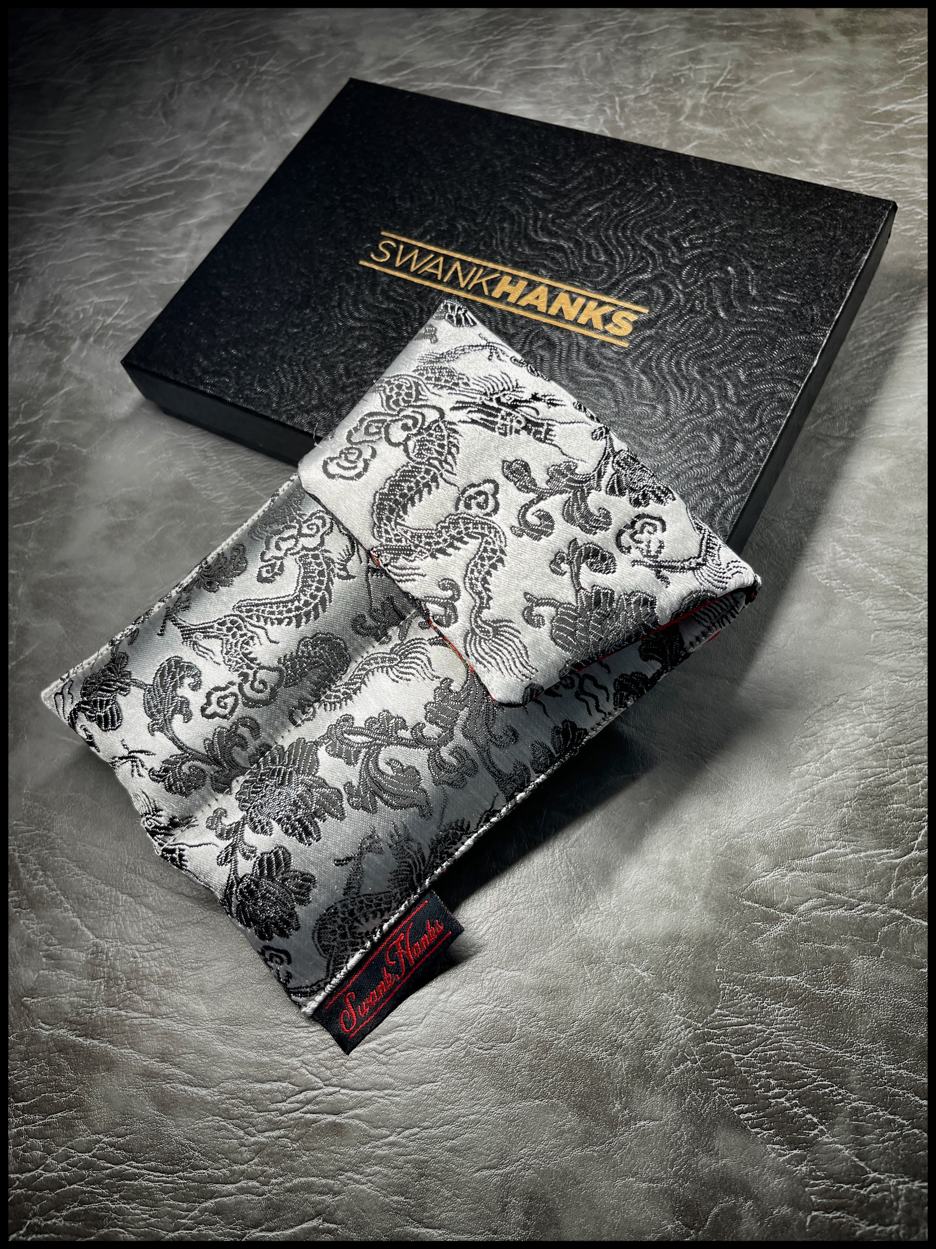 1-OFF Satin Silver Japanese Dragon Silk / Blurple Skull Interior Double-Slot Pouch